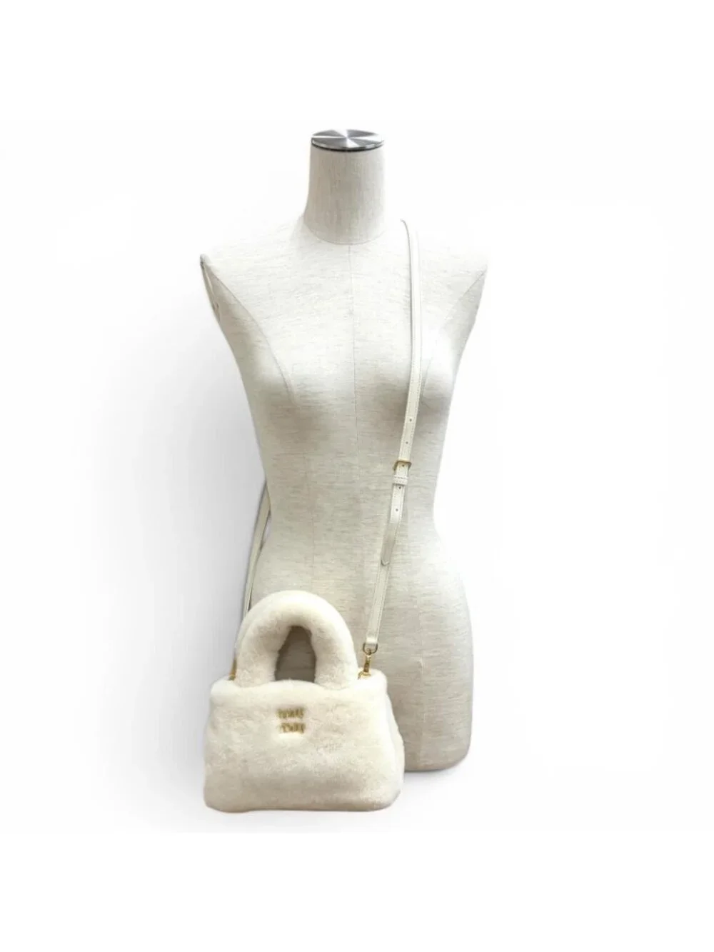 Miu Miu Sheepfur with Logo Plate Shearling 2-Way Handbag White